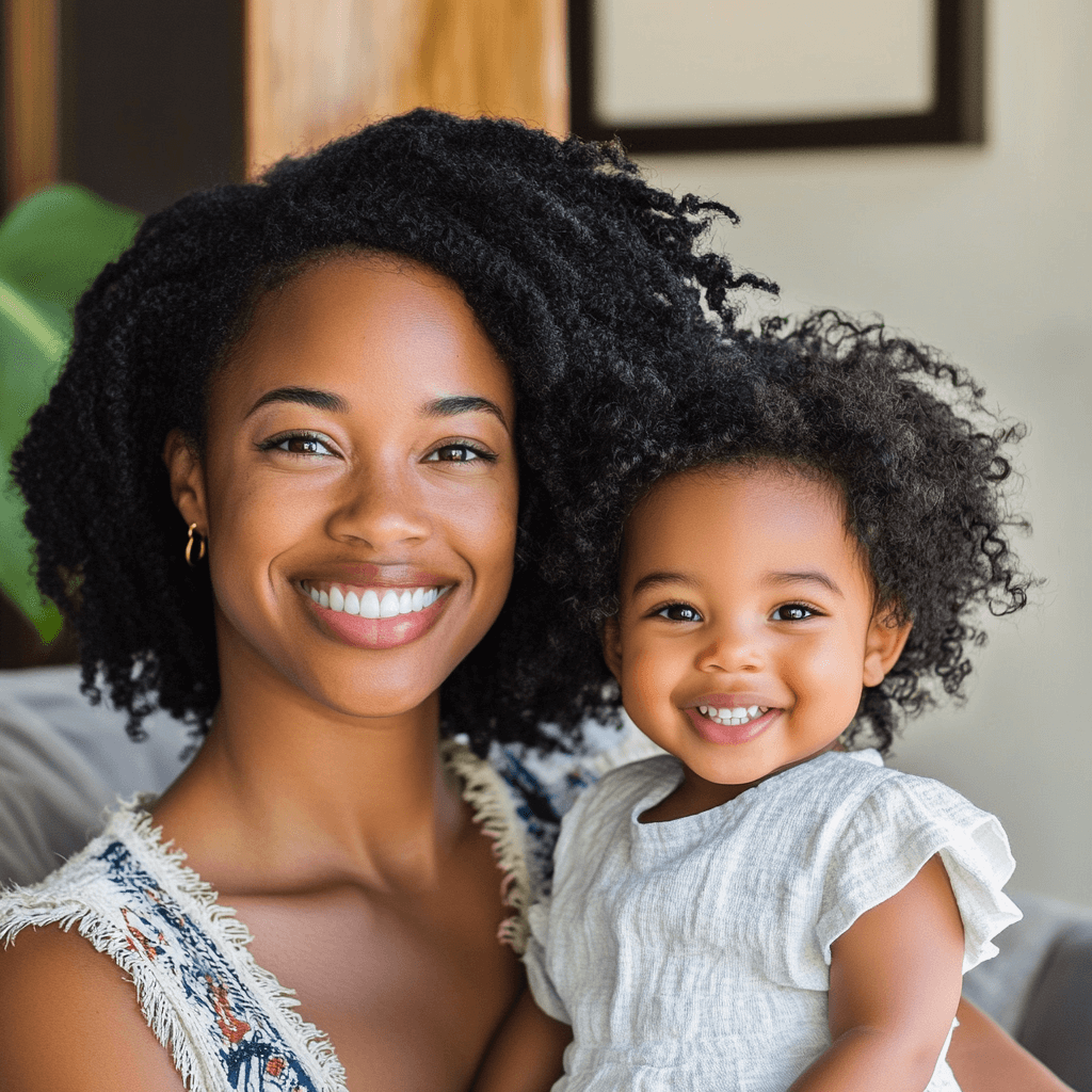 Happy black mom holding her daughter