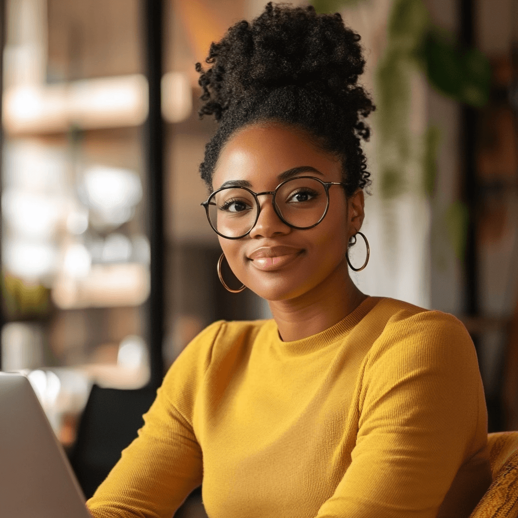 Confident black woman with glasses and wearing a yellow sweater sitting in front of her laptop smiling.