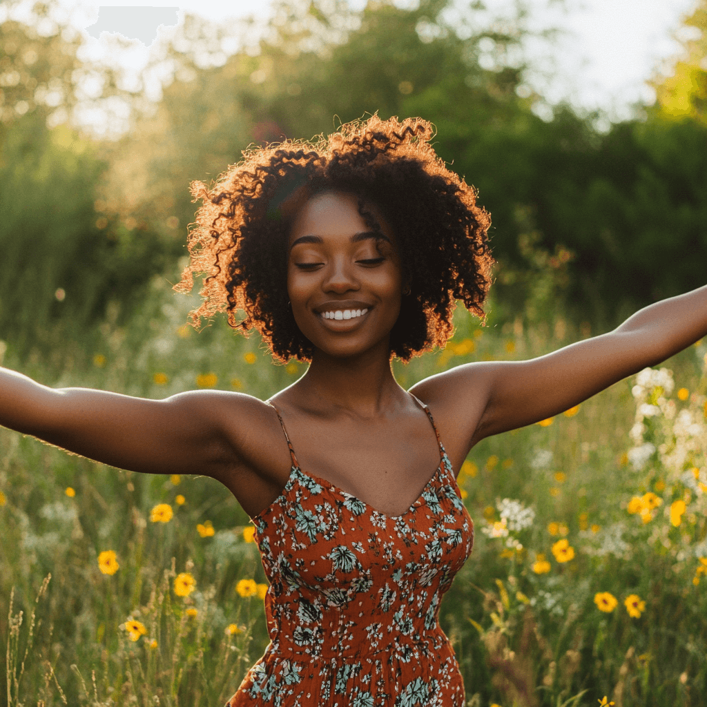 Young black woman dancing in a sunny meadow with arms raised and a big smile on her face