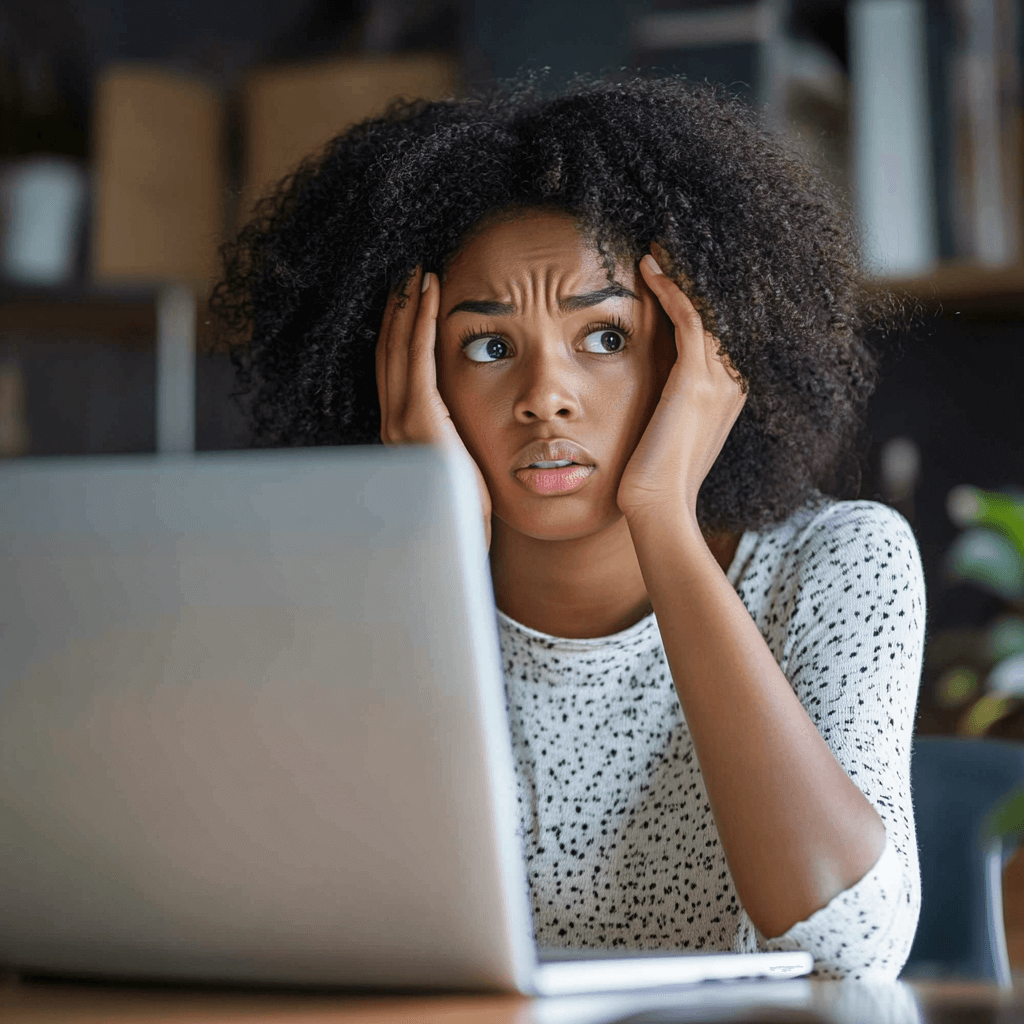 Overwhelmed young black woman sitting in front of a laptop with her head in her hands